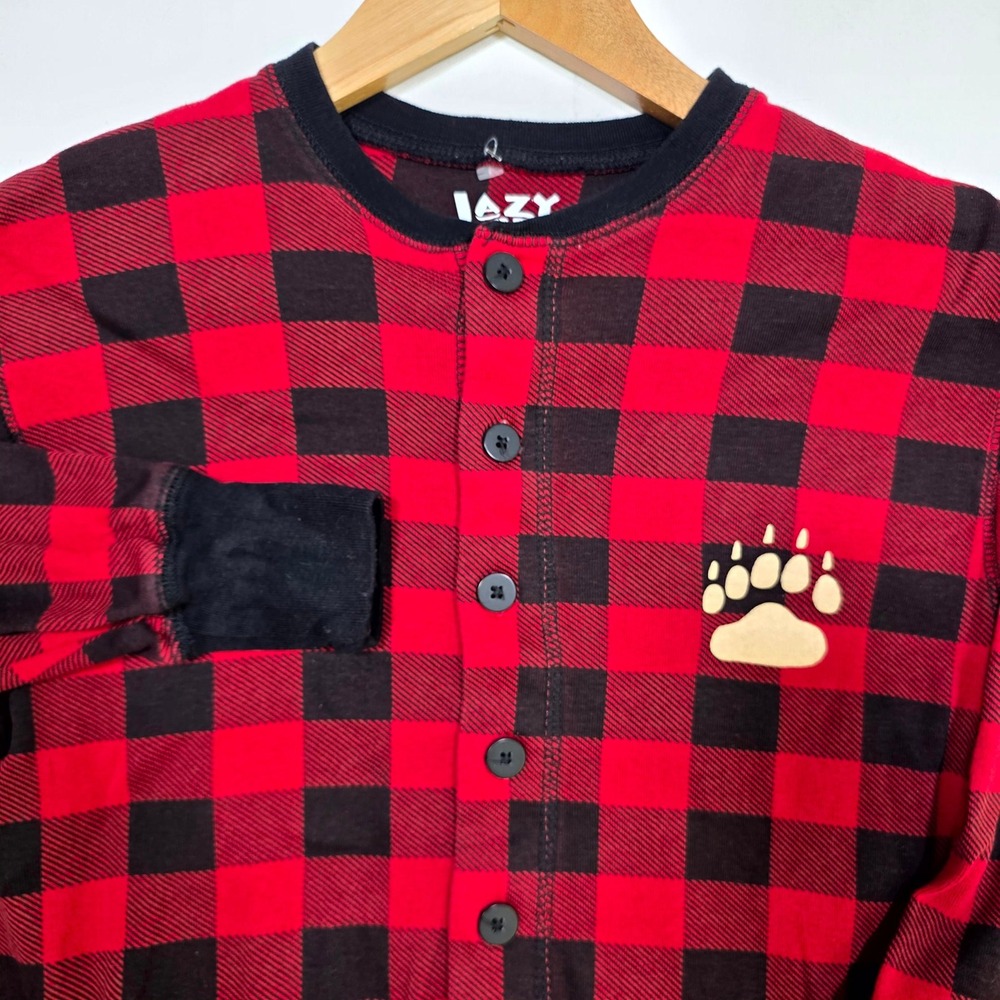 Lazy One Union Suit Small Red Black Buffalo Plaid Bear Cheeks Pajamas Loungewear